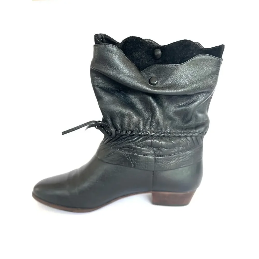 Women's Black Leather Slouch Ankle Booties with Braided Tie